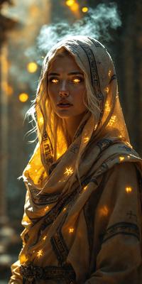 The primary subject of the image is a woman with blonde hair, wearing a long, flowing robe. She is standing in front of a backdrop of trees, which adds to the natural and serene atmosphere of the scene. The visual style of the image is a combination of photo and digital art, creating a unique and eye-catching effect. The colors in the image are predominantly earthy tones, such as browns and greens, which contribute to the overall mood of the scene.